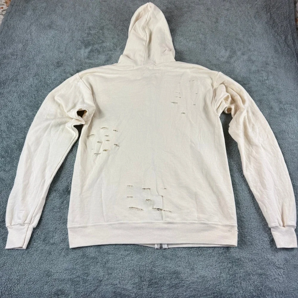 Free People x Tricia Fix Distressed NYC Hoodie Cream Repurposed Vintage XS‎ Zip